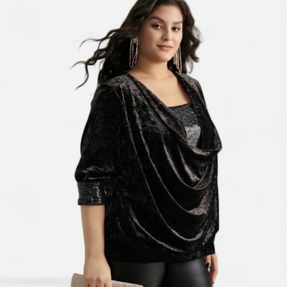 NWT BloomChic Black Crushed Velvet & Sequin Draped Front Top Velour Evening 12